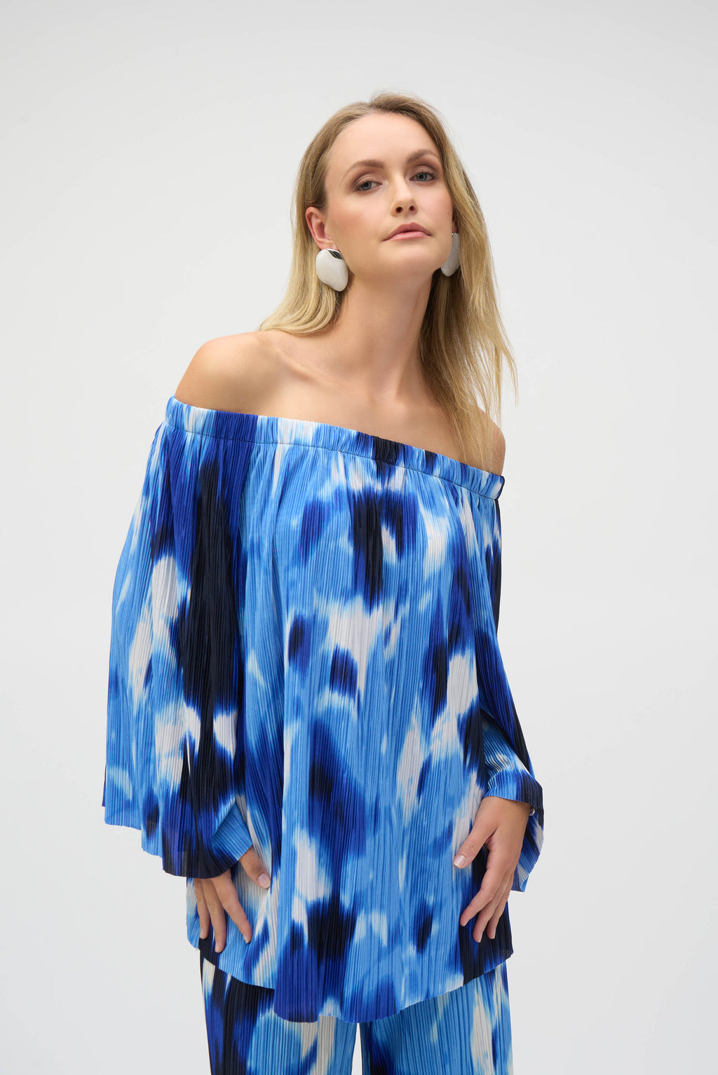 Joseph Ribkoff Blue/Vanilla Pleated Novelty Tropical Print Off-Shoulder Top Style 252227