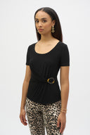 Joseph Ribkoff Black Silky Knit Fitted Top With Buckle Detail Style 252230