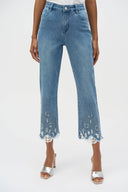 Joseph Ribkoff Denim Medium Blue Stretch Straight Crop Jeans with Embroidery Style 252910