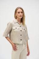 Joseph Ribkoff Champagne Foiled Linen Blend Short Sleeve Boxy Jacket Style 252921