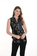 Frank Lyman Black/Off-White Face Print Sleeveless Top Style 256163