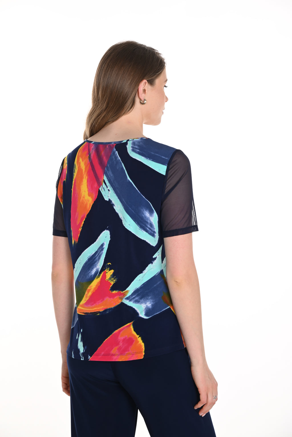 Frank Lyman Navy/Pink Abstract Print Short Sleeve Top Style 256386