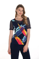 Frank Lyman Navy/Pink Abstract Print Short Sleeve Top Style 256386