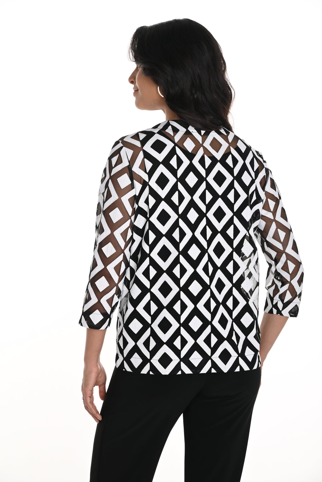 Frank Lyman Black/White Laser-Cut Leatherette on Mesh Jacket Style 256435