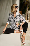 Frank Lyman Off-White Black Button-Down Abstract Print Blouse 256706U