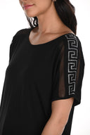 Joseph Ribkoff Black Short Sleeve Top with Mesh Inserts & Rhinestones Style 256708U