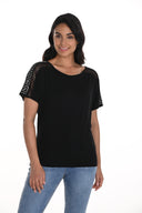 Joseph Ribkoff Black Short Sleeve Top with Mesh Inserts & Rhinestones Style 256708U