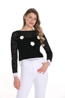 Frank Lyman Black/White Sweater Knit Top with Floral Embroidery Style 256745U