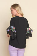 Joseph Ribkoff Ruffled Black-Multi Sleeve Top Style 212145