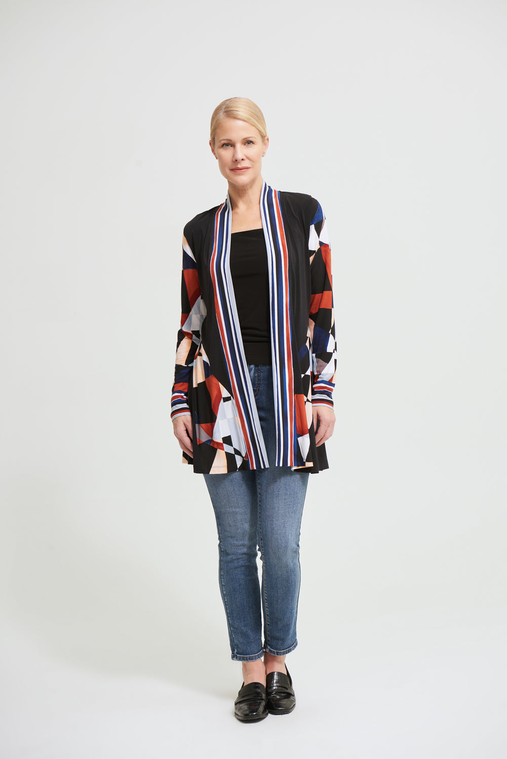 Joseph Ribkoff Black-Multi Geometric Cardigan Style 213293