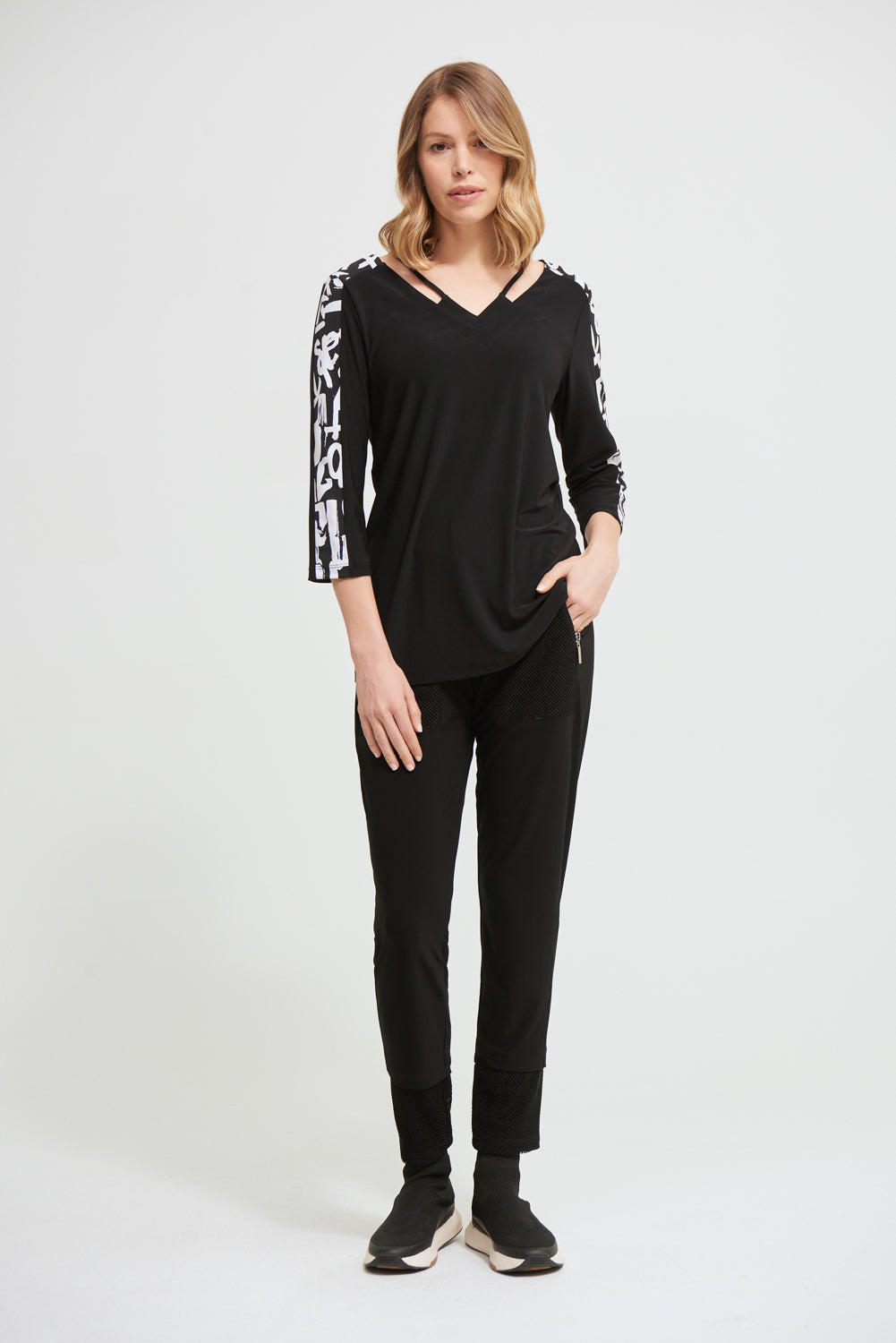 Joseph Ribkoff Black-Vanilla Geometric Trim Top  Style 213568