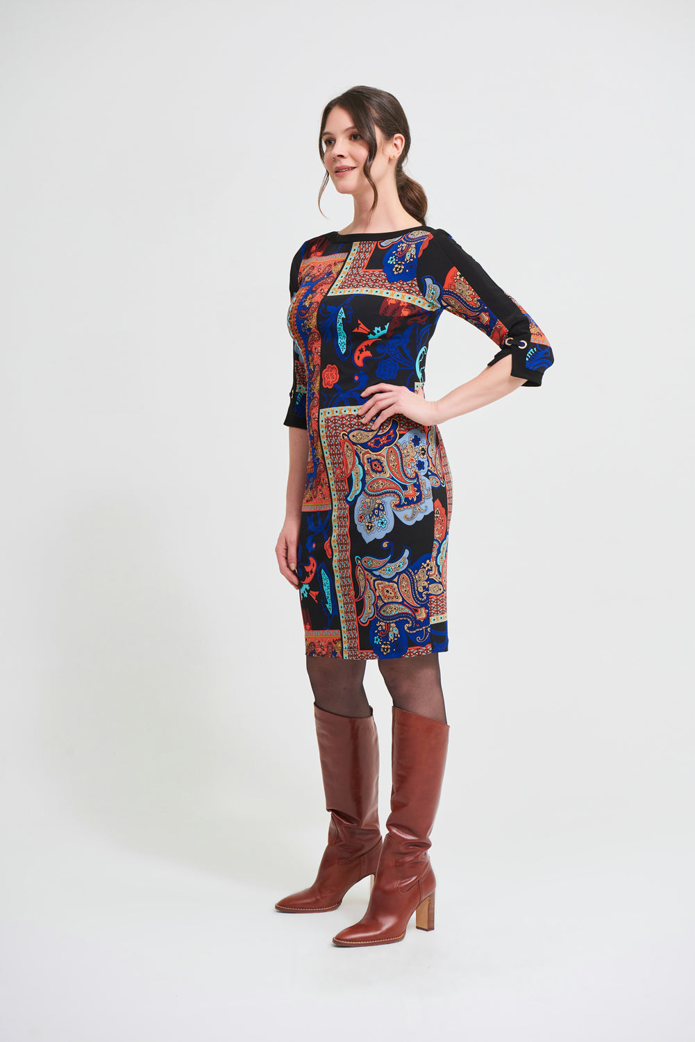 Joseph Ribkoff Black-Multi Mixed Paisley Print Dress Style 213658