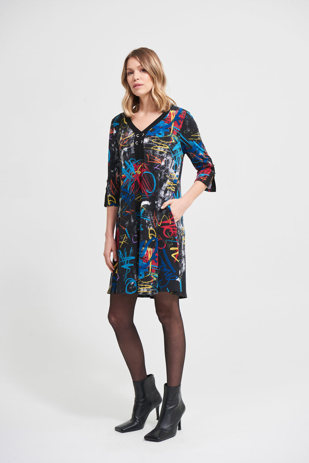 Joseph Ribkoff Black-Multi A-Line Dress Style 213677