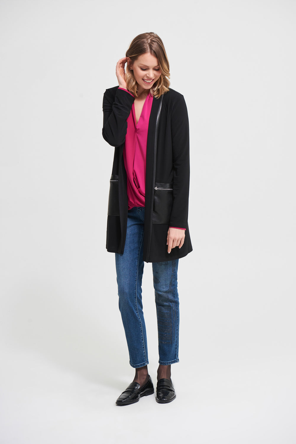 Joseph Ribkoff Black Leatherette Cardigan Style 213683