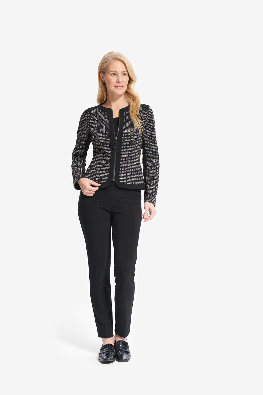 Joseph Ribkoff Black-Silver Zip Up Blazer Style 214099