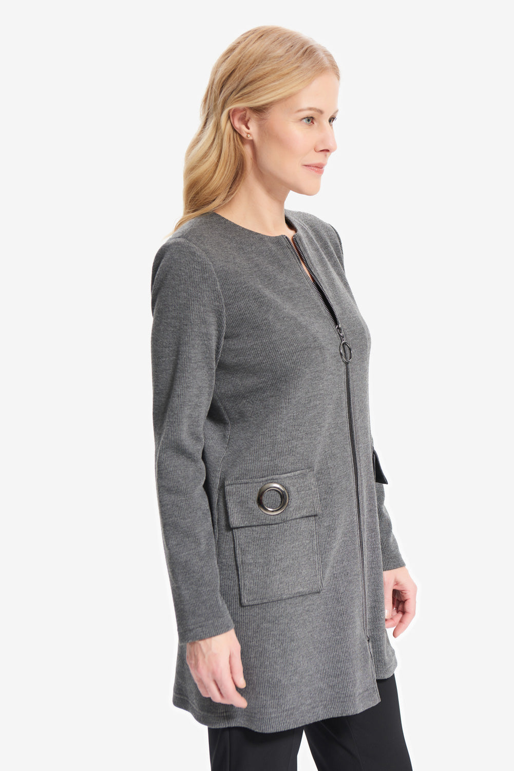 Joseph Ribkoff Grey Melange-BlackEyelet Detail Jacket  Style 214188