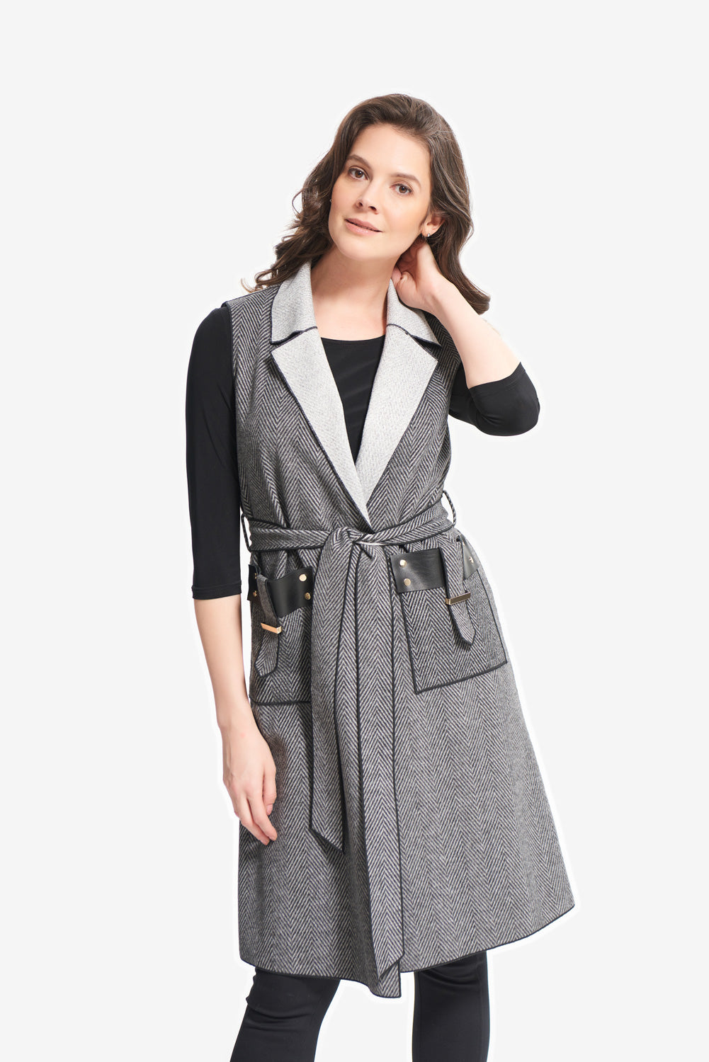 Joseph Ribkoff Black-Grey Knit Sleeveless Jacket Style 214195