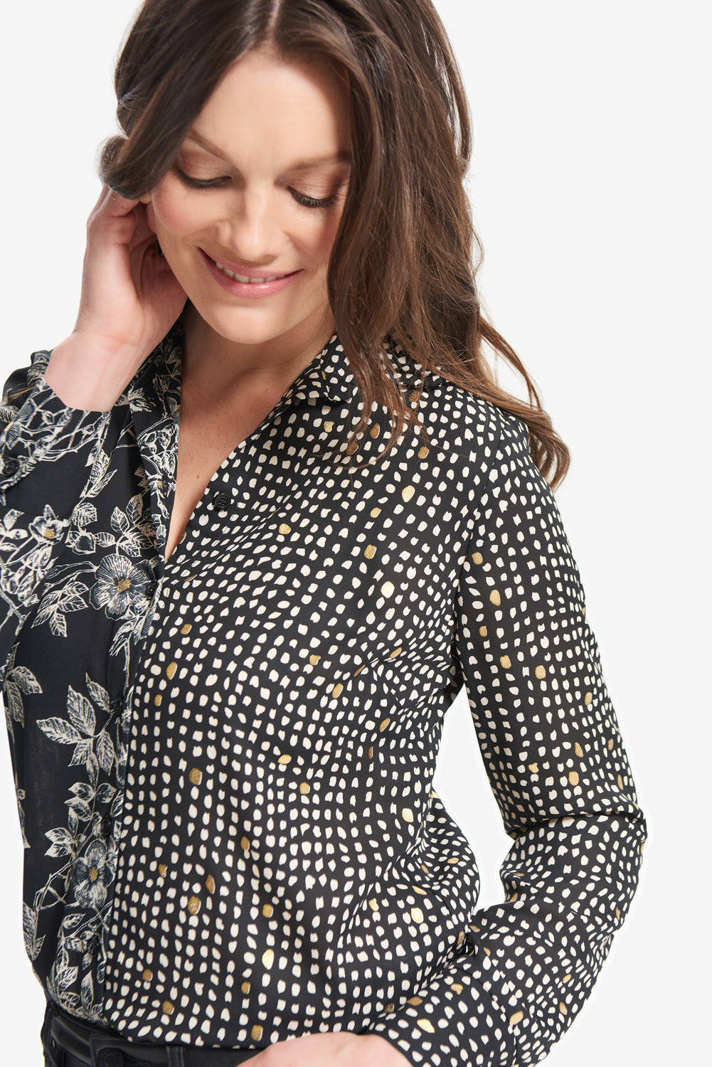 Joseph Ribkoff Black-Ecru Mixed Print Blouse Style 214207