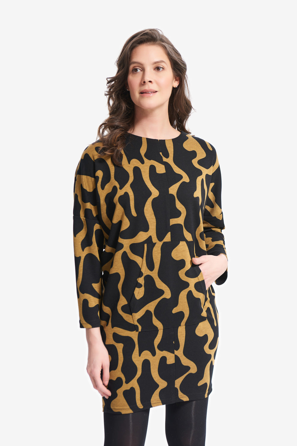Joseph Ribkoff Black-Mustard Abstract Printed Dress Style 214282