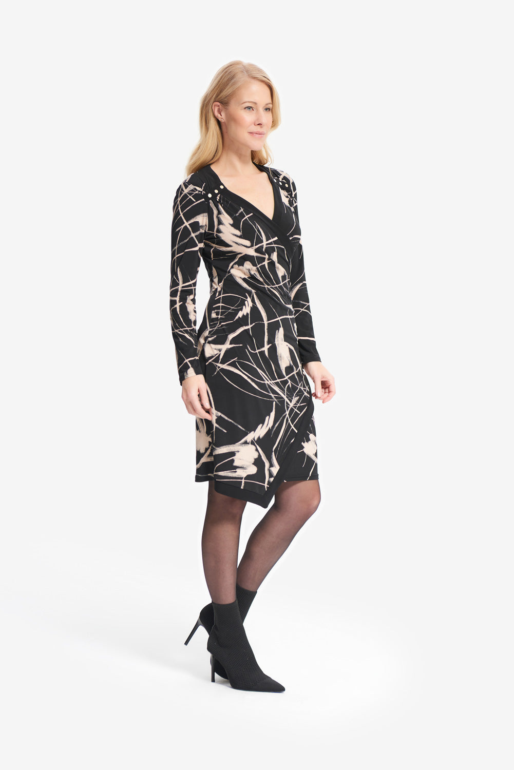 Joseph Ribkoff Black-Sand Wrap Front Dress Style 214290