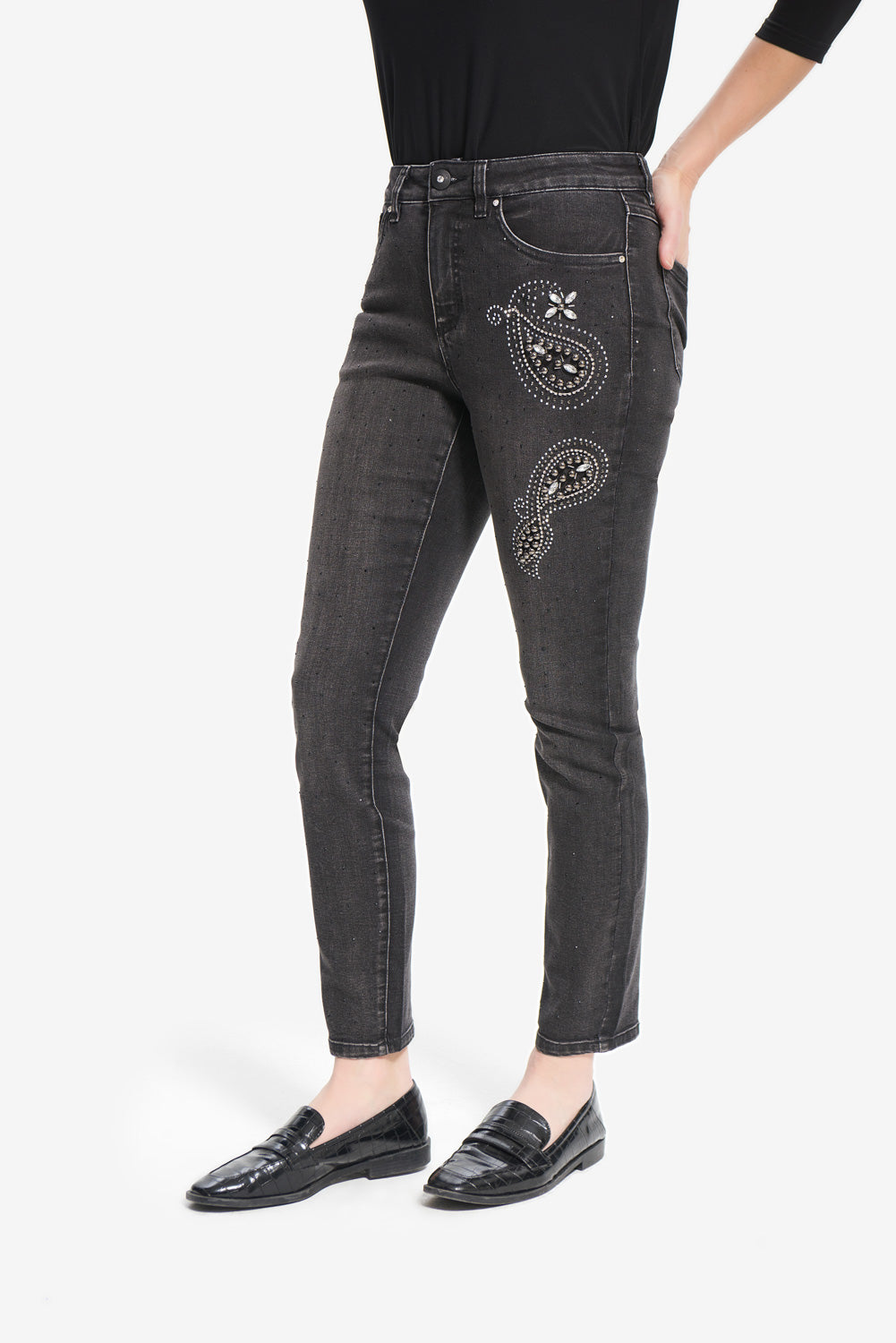 Joseph Ribkoff Charcoal-Dark Grey Rhinestone & Rivet Jeans Style 214929