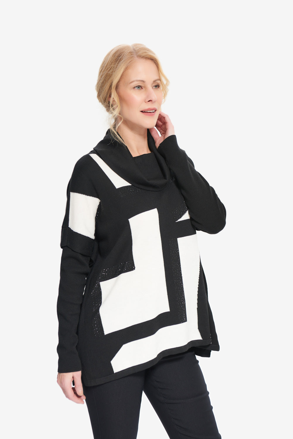 Joseph Ribkoff Black-Vanilla Geometric Jacquard Sweater Style 214930