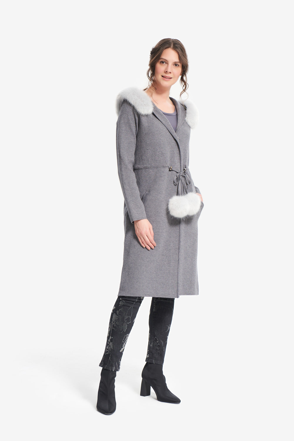 Joseph Ribkoff Light Grey Faux Fur Trim Coat Style 214942