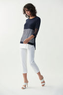 Joseph Ribkoff Midnight Blue-Off-White Sheer Panel Top Style 221016