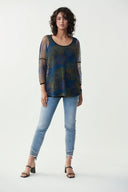 Joseph Ribkoff Mesh Black/Multi Overlay Top Style 221197 - Main Image