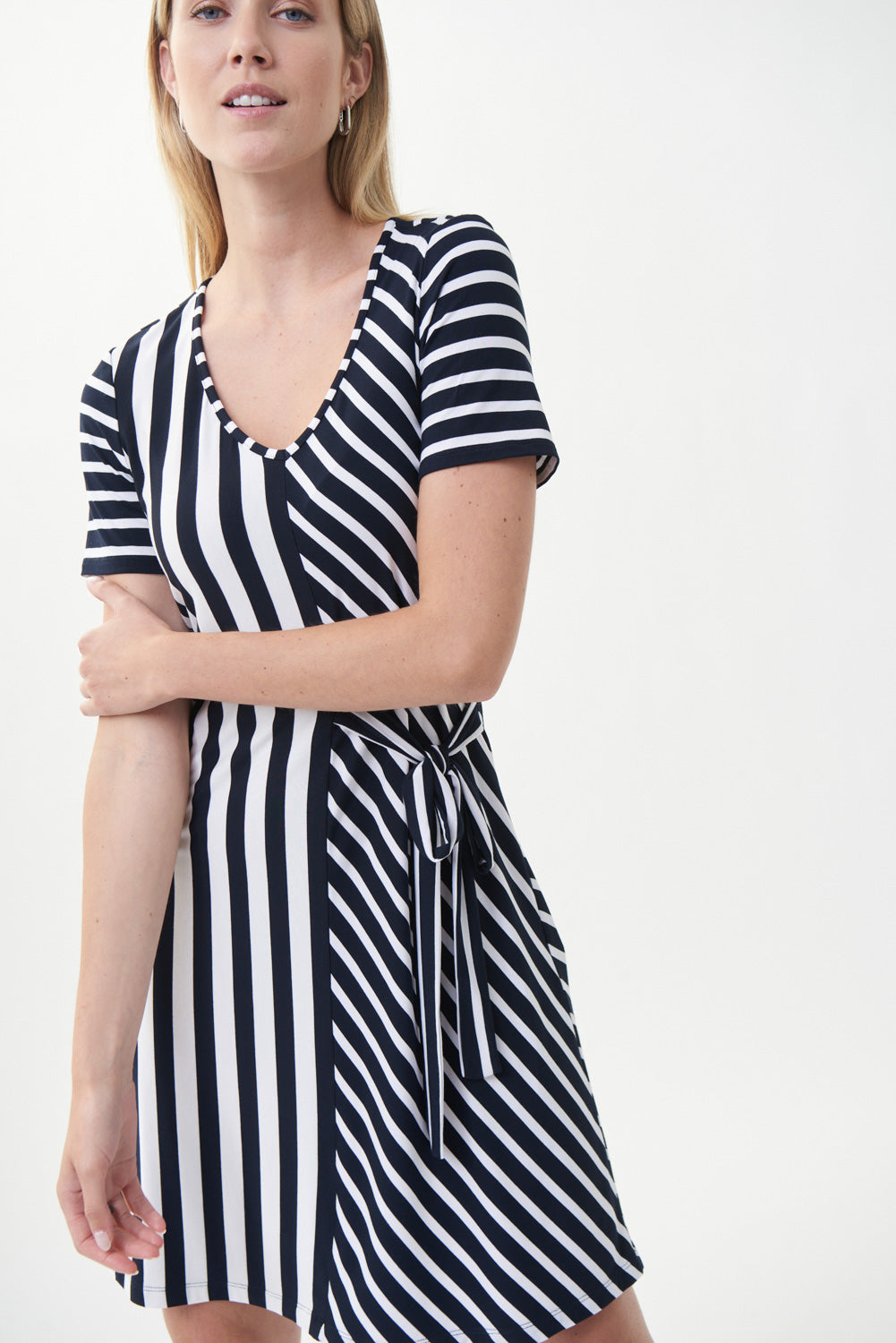 Joseph Ribkoff Midnight Blue-Vanilla Mixed Stripe Dress Style 222139