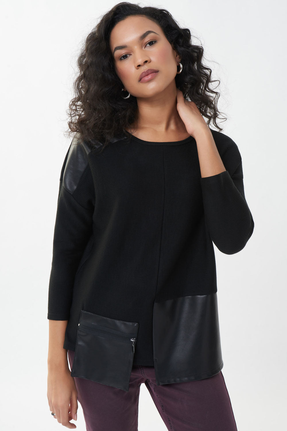Joseph Ribkoff Black Faux Leather Patch Top Style 223025