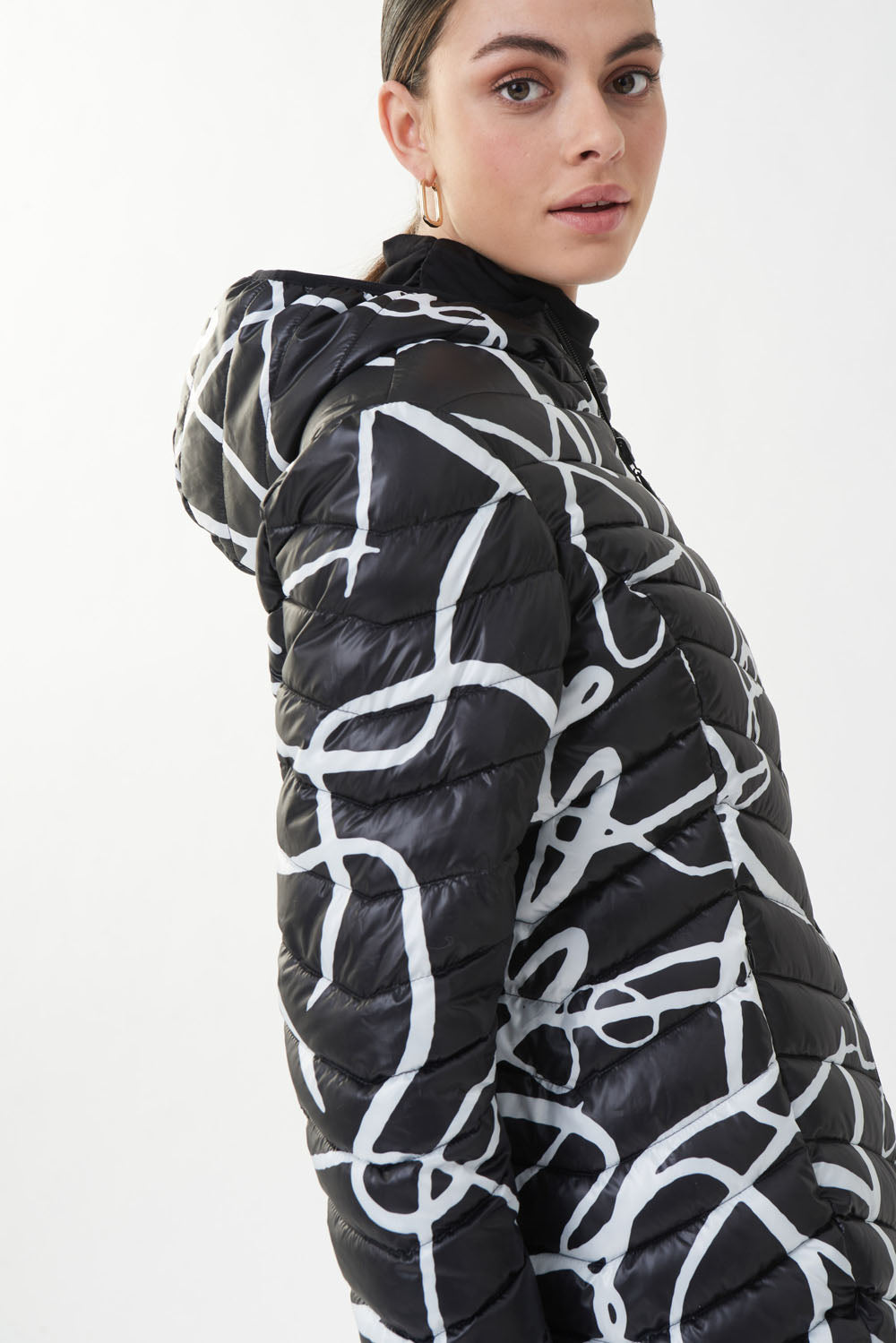 Joseph Ribkoff Black-Vanilla Abstract Puffer Coat Style 223920
