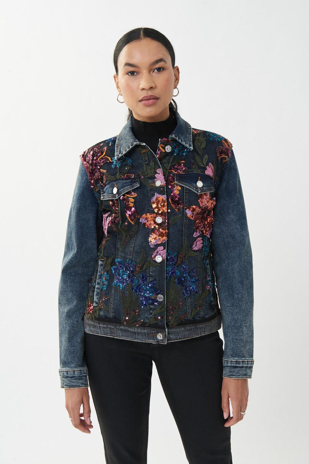 Joseph Ribkoff Blue-Multi Sequined Jean Jacket Style 223928