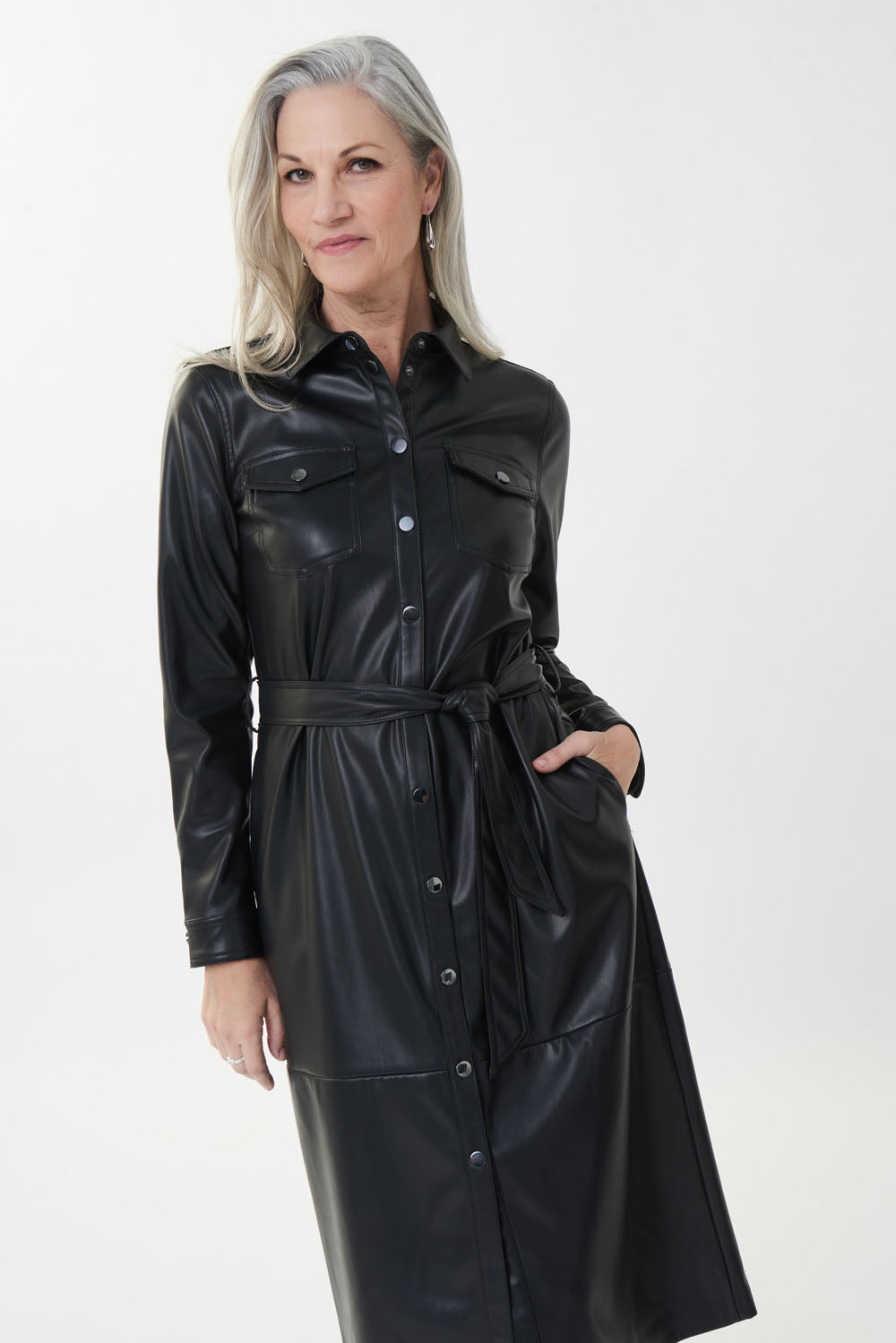 Joseph Ribkoff Black Faux Leather Shirt Dress Style 223940