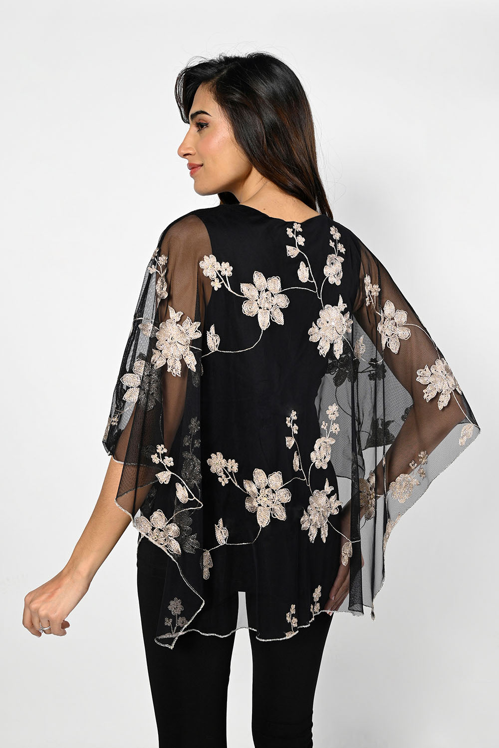 Frank Lyman Black-Gold Knit Top with Floral Print Style 229328