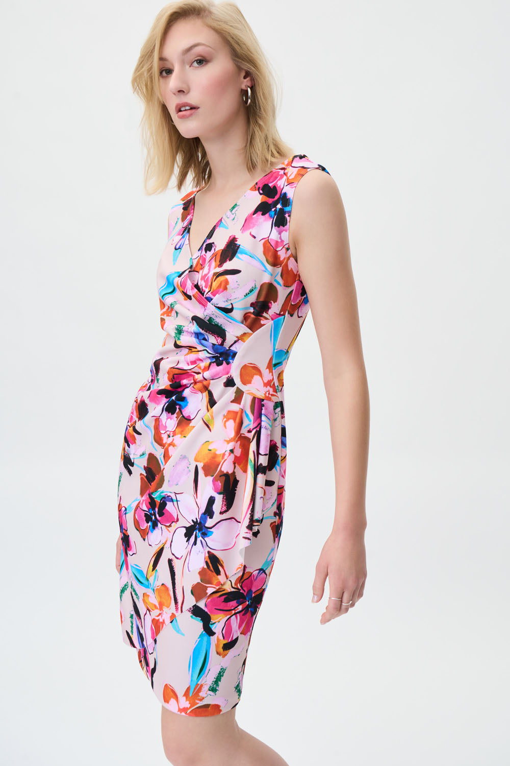 Joseph Ribkoff Beige-Multi Flower Print Wrap Dress Style 231172