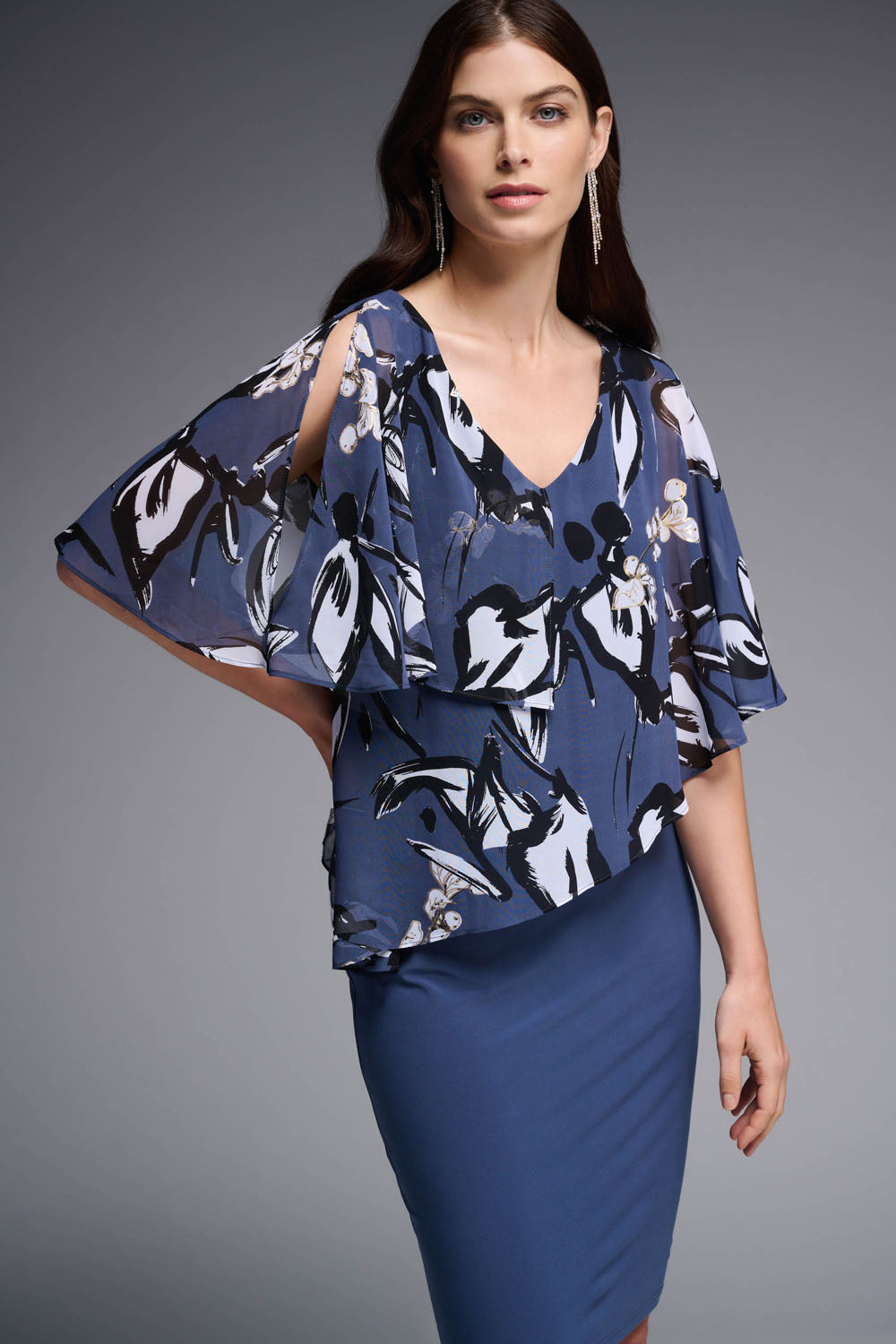 Joseph Ribkoff Blue-Multi Chiffon Overlay Dress Style 231731